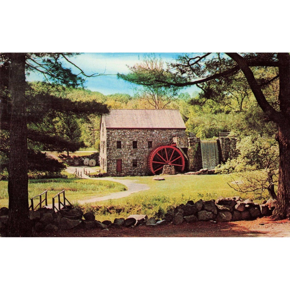 Vintage 1965 Grist Mill Longfellows Wayside Inn Sudbury MA Postcard Red Wheel - Picture 1 of 2